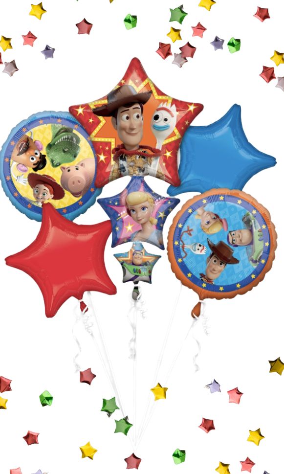 Toy Story 4 balloon bouquet featuring Woody, Buzz Lightyear, Bo Peep, and other characters, perfect for a kids' birthday party